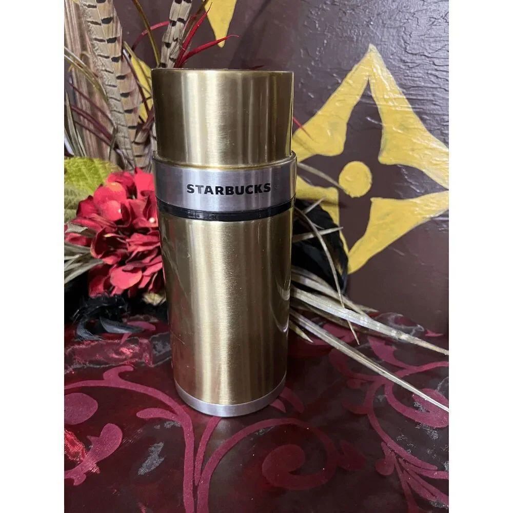 Starbucks 2006 Gold and Silver Metal Insulated 17oz Thermos with Removeable Cup